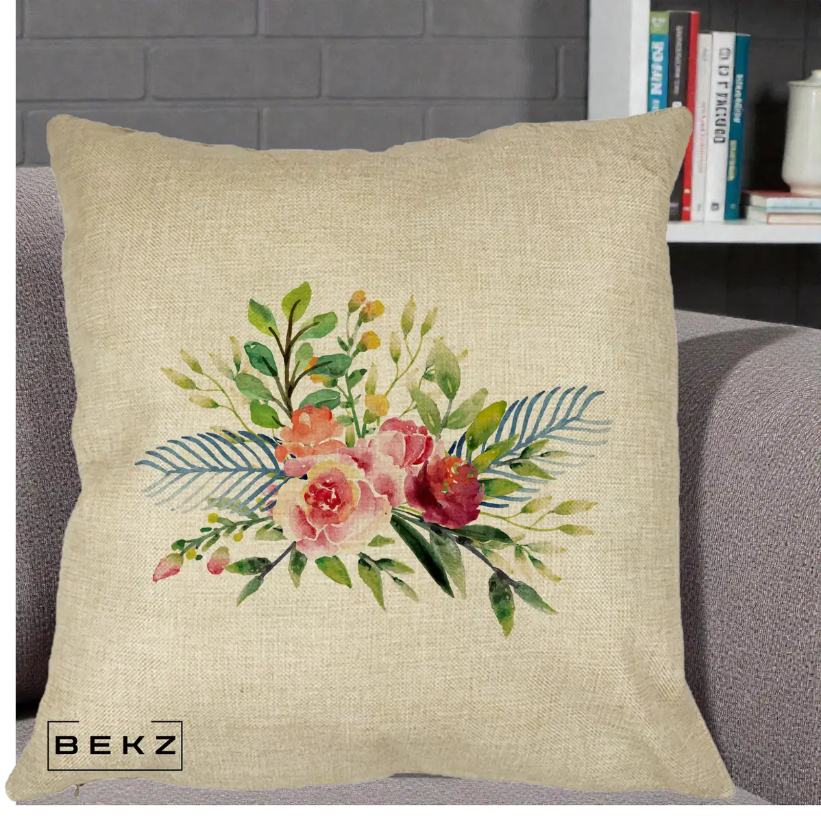 Perna Decorativa Buchet Flori Acuarela Roz-Verde, 40x40 cm, Crem, Husa Detasabila, Perna, BEKZ®