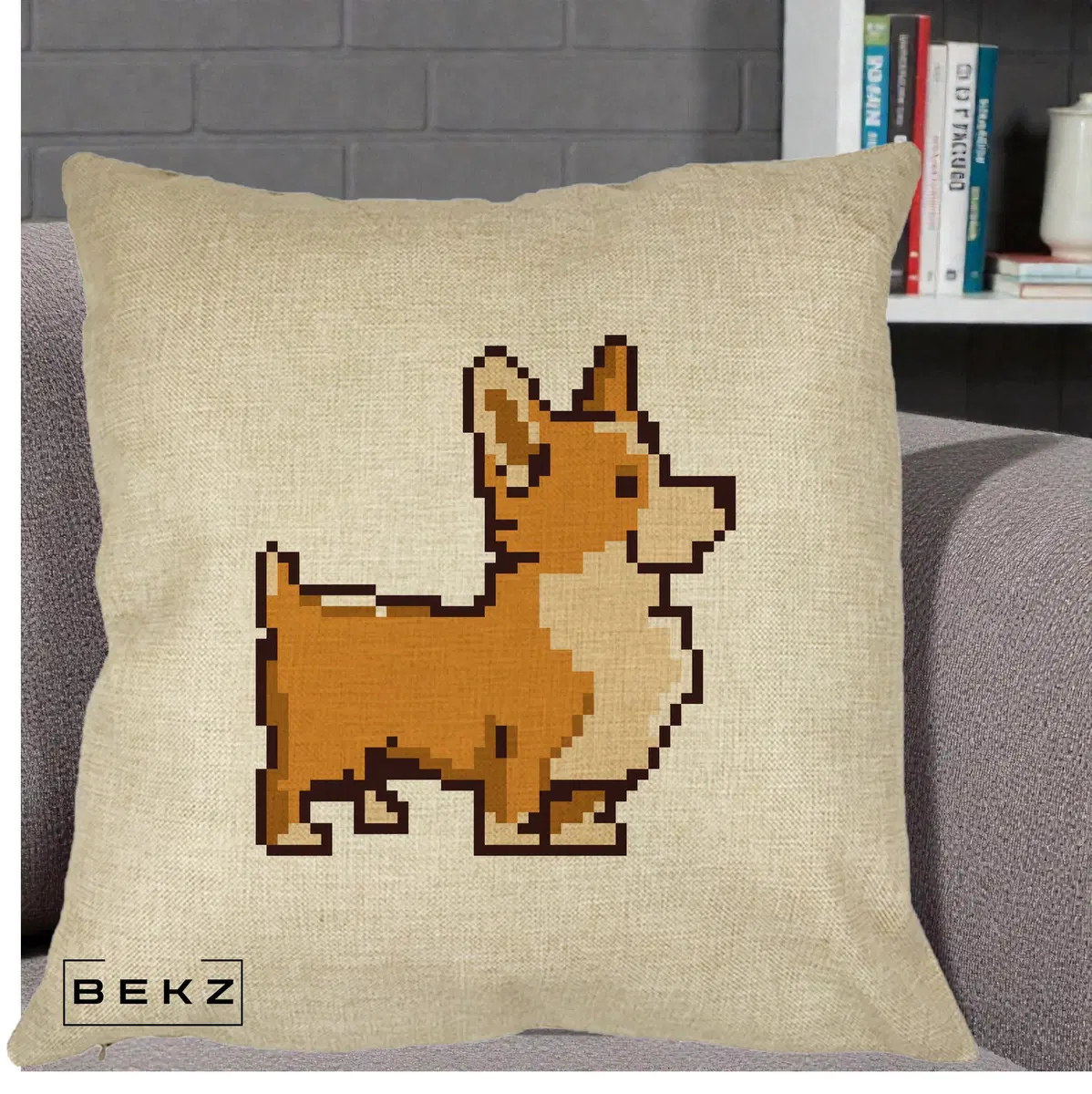 Perna Decorativa Corgi Pixel Art, 40x40 cm, Crem, Husa Detasabila, Perna, BEKZ®