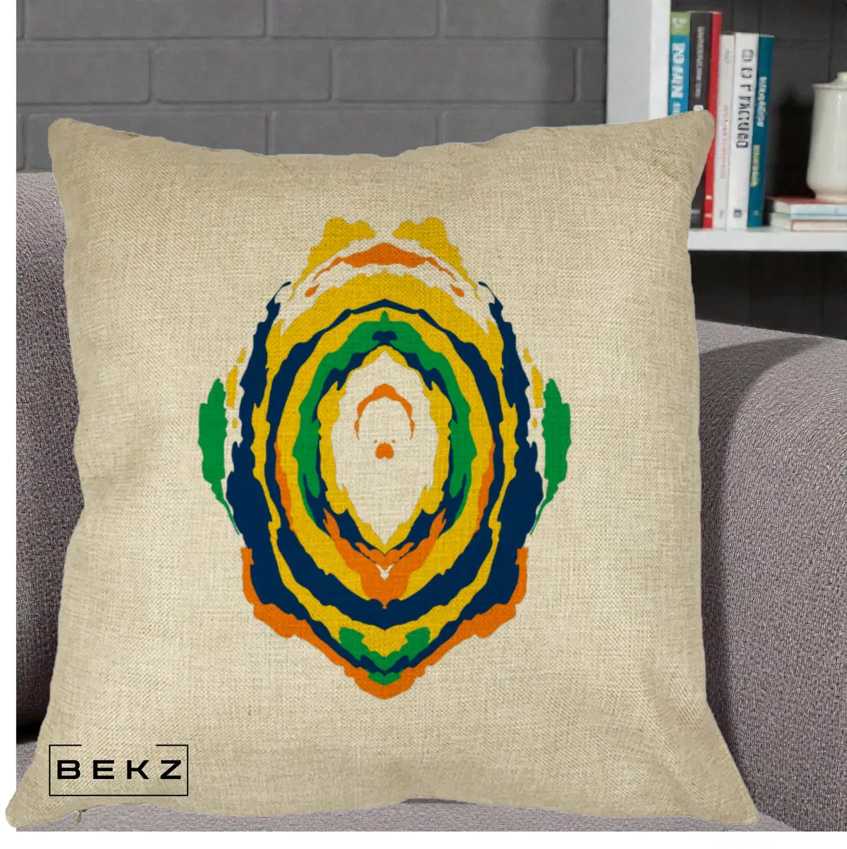 Perna Decorativa Oval Abstract Multicolor, 40x40 cm, Crem, Husa Detasabila, Perna, BEKZ®
