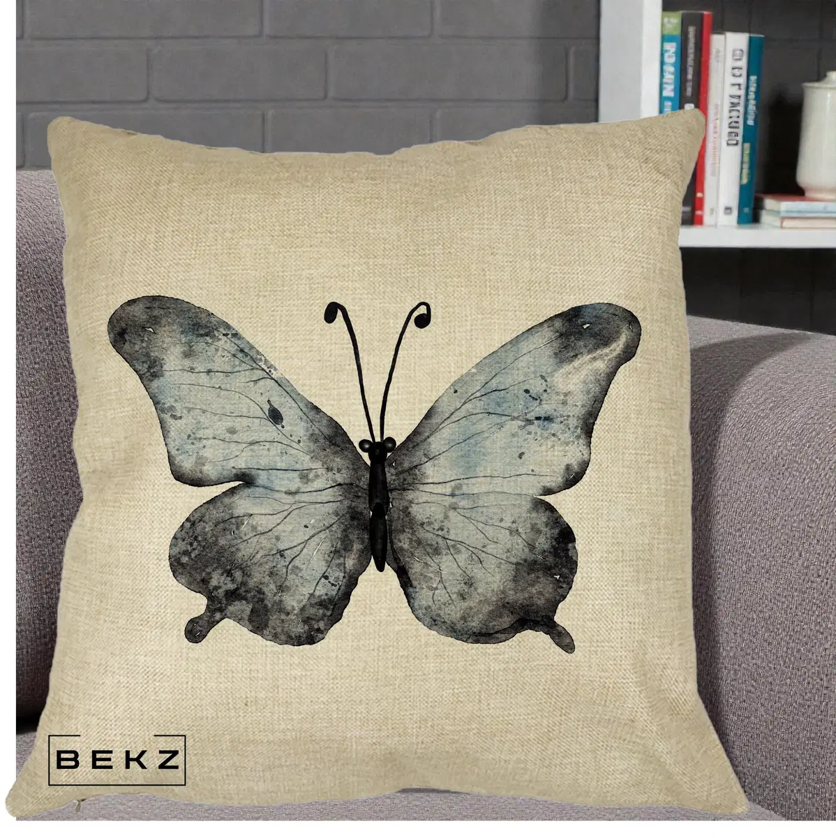 Perna Decorativa Fluture Acuarela Albastru-Gri, 40x40 cm, Crem, Husa Detasabila, Perna, BEKZ®