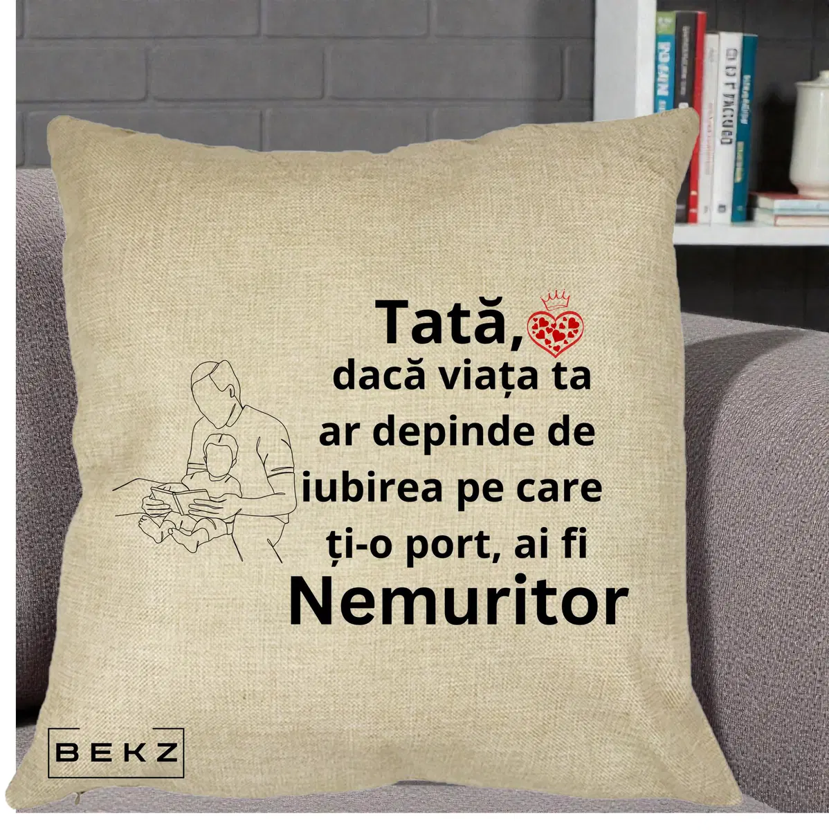 Perna Decorativa Tata Nemuritor Bicicleta, 40x40 cm, Crem, Husa Detasabila, Perna, BEKZ®
