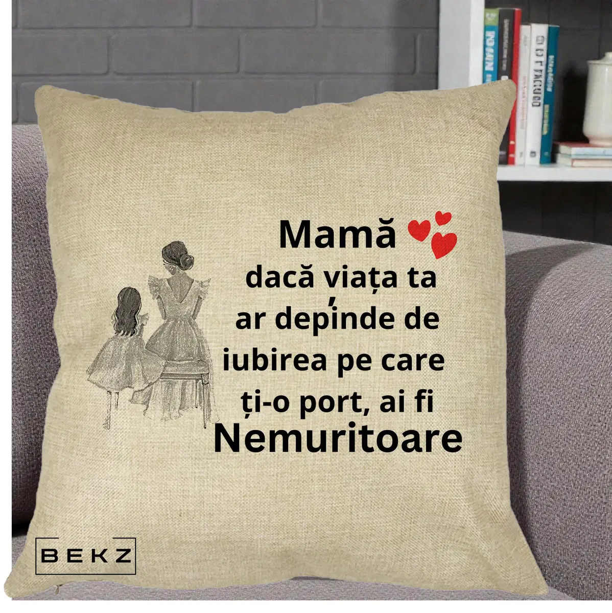Perna Decorativa Mama Nemuritoare Line Art, 40x40 cm, Crem, Husa Detasabila, Perna, BEKZ®