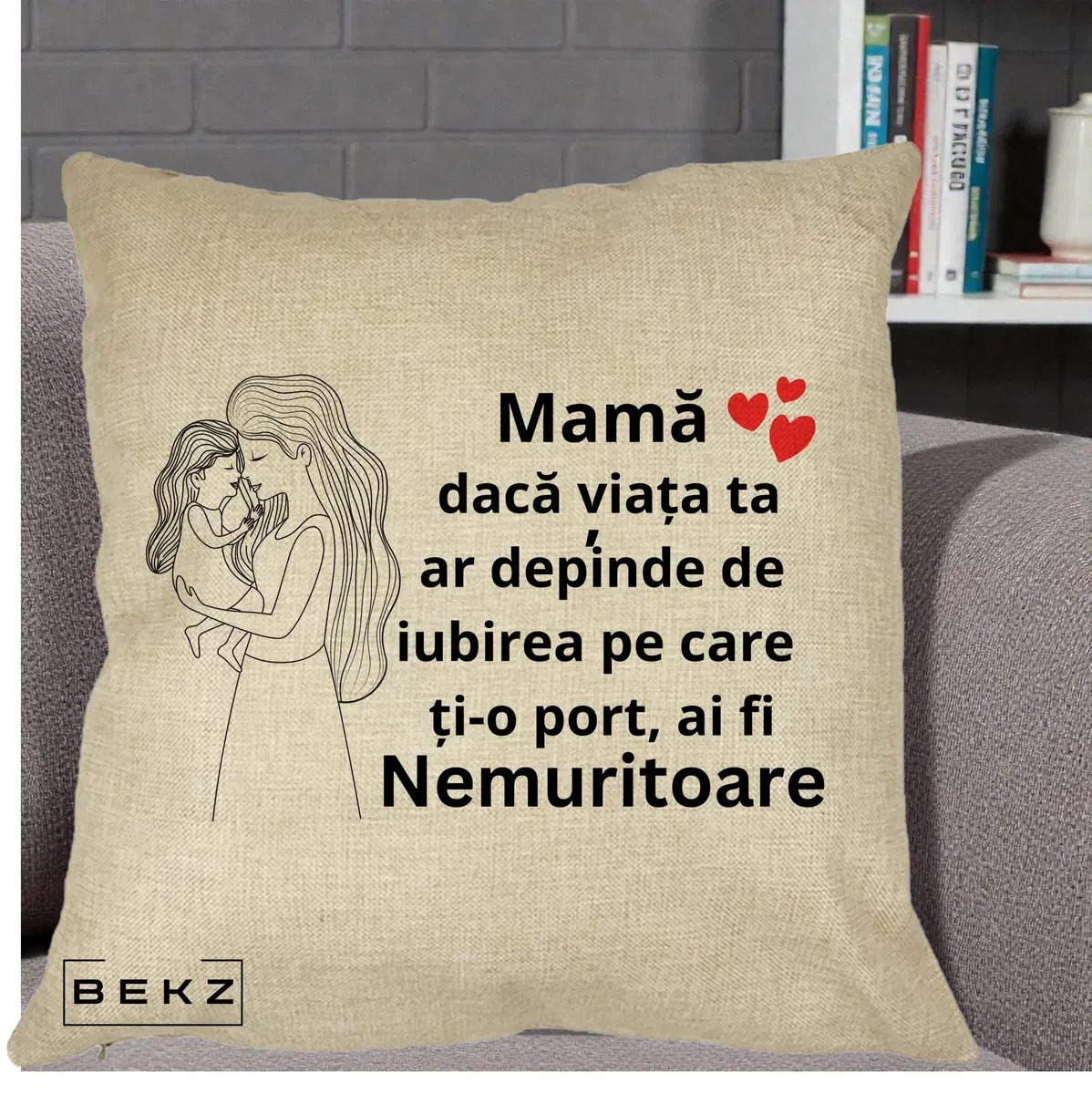 Perna Decorativa Mama Nemuritoare cu Copilul in Poala, 40x40 cm, Crem, Husa Detasabila, Perna, BEKZ®