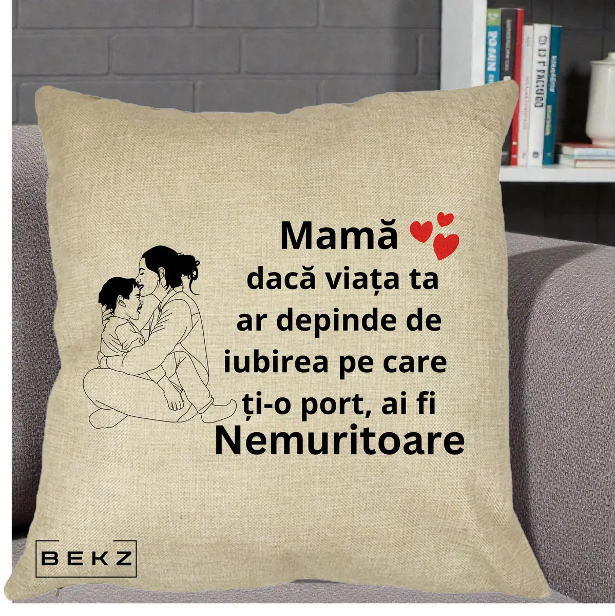 Perna Decorativa Mama Nemuritoare Kawaii, 40x40 cm, Crem, Husa Detasabila, Perna, BEKZ®
