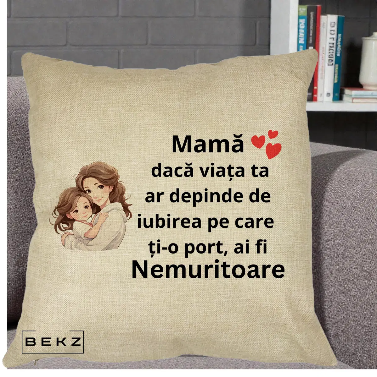 Perna Decorativa Mama Nemuritoare cu Balon Inima, 40x40 cm, Crem, Husa Detasabila, Perna, BEKZ®