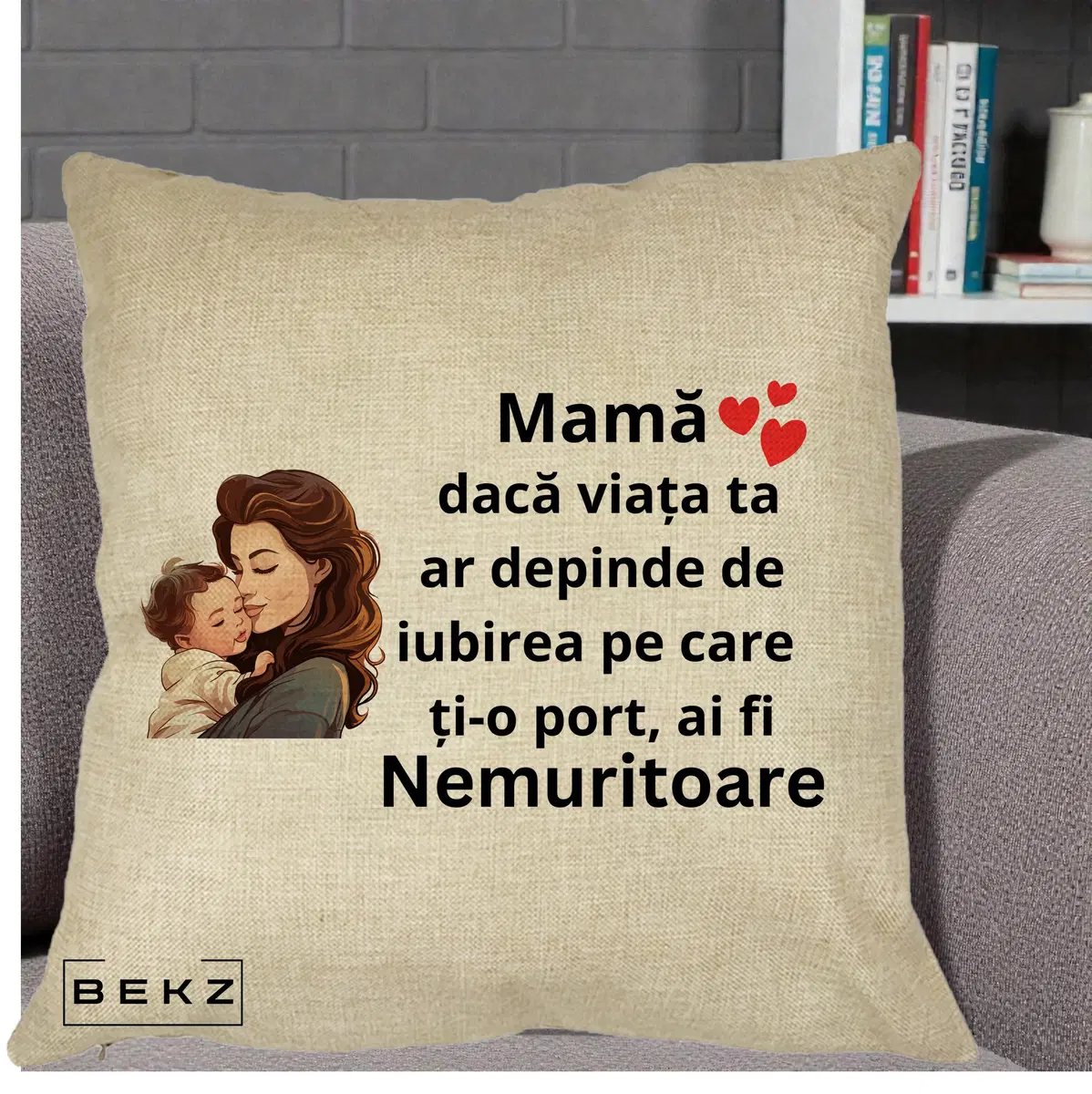 Perna Decorativa Mama Nemuritoare cu Bebelus Lineart, 40x40 cm, Crem, Husa Detasabila, Perna, BEKZ®
