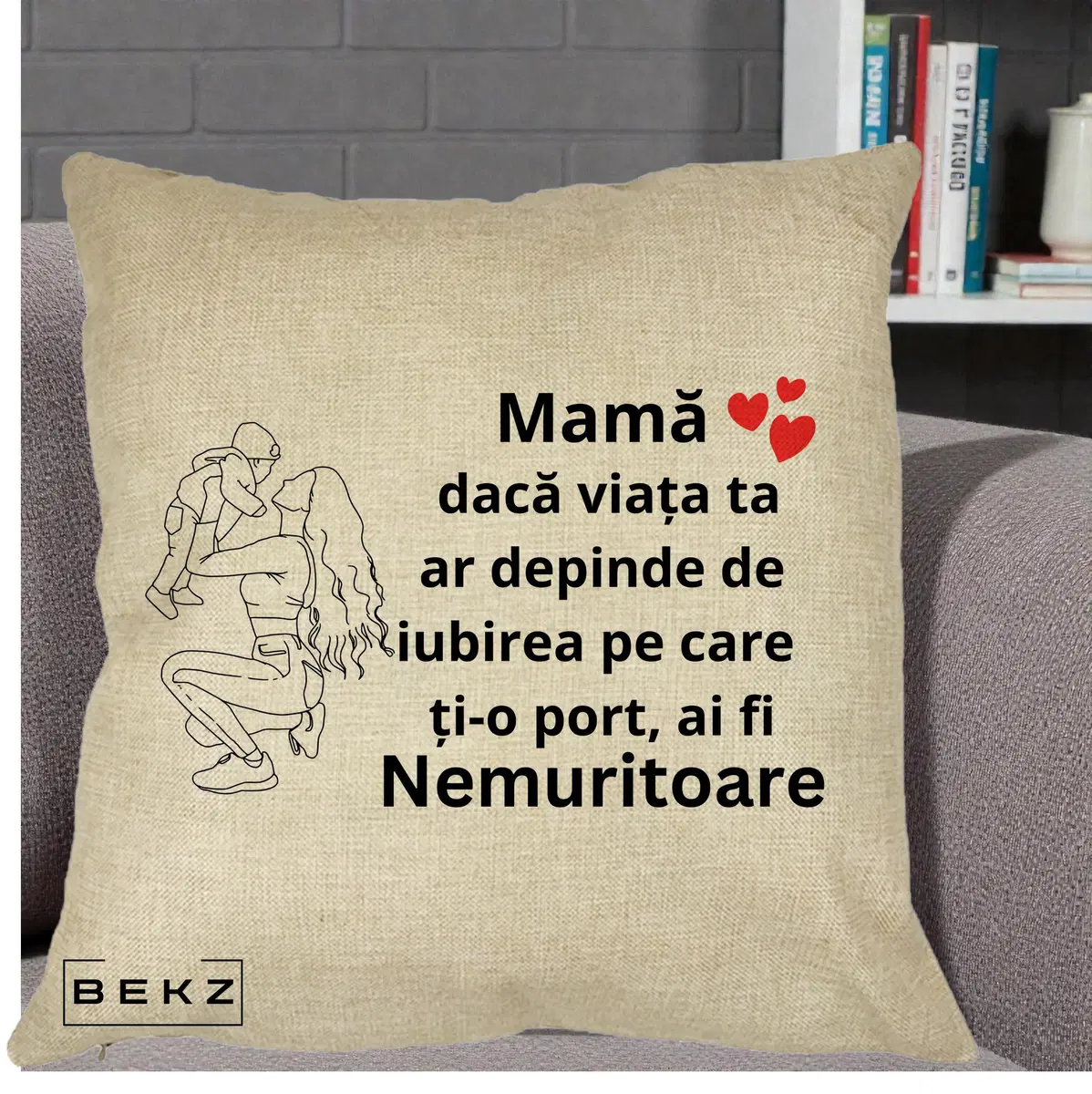 Perna Decorativa Mama Nemuritoare Portret Graphic, 40x40 cm, Crem, Husa Detasabila, Perna, BEKZ®
