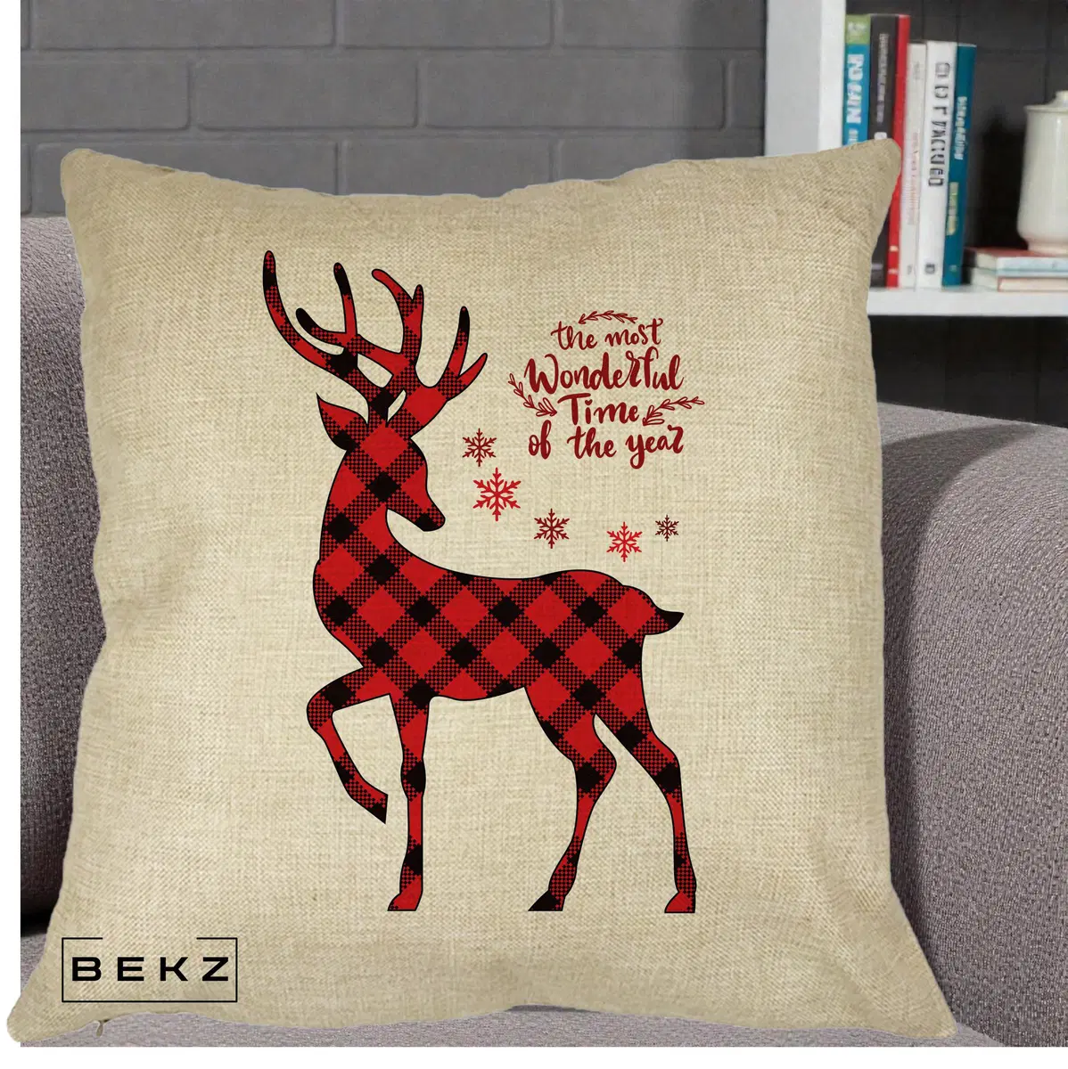 Perna Decorativa Ren Buffalo Plaid Craciun, 40x40 cm, Crem, Husa Detasabila, Perna, BEKZ®