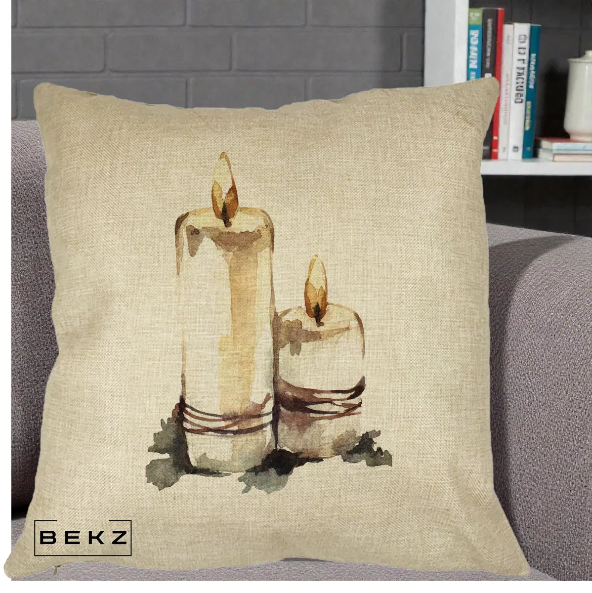 Perna Decorativa Lumanari Acuarela Iarna, 40x40 cm, Crem, Husa Detasabila, Perna, BEKZ®