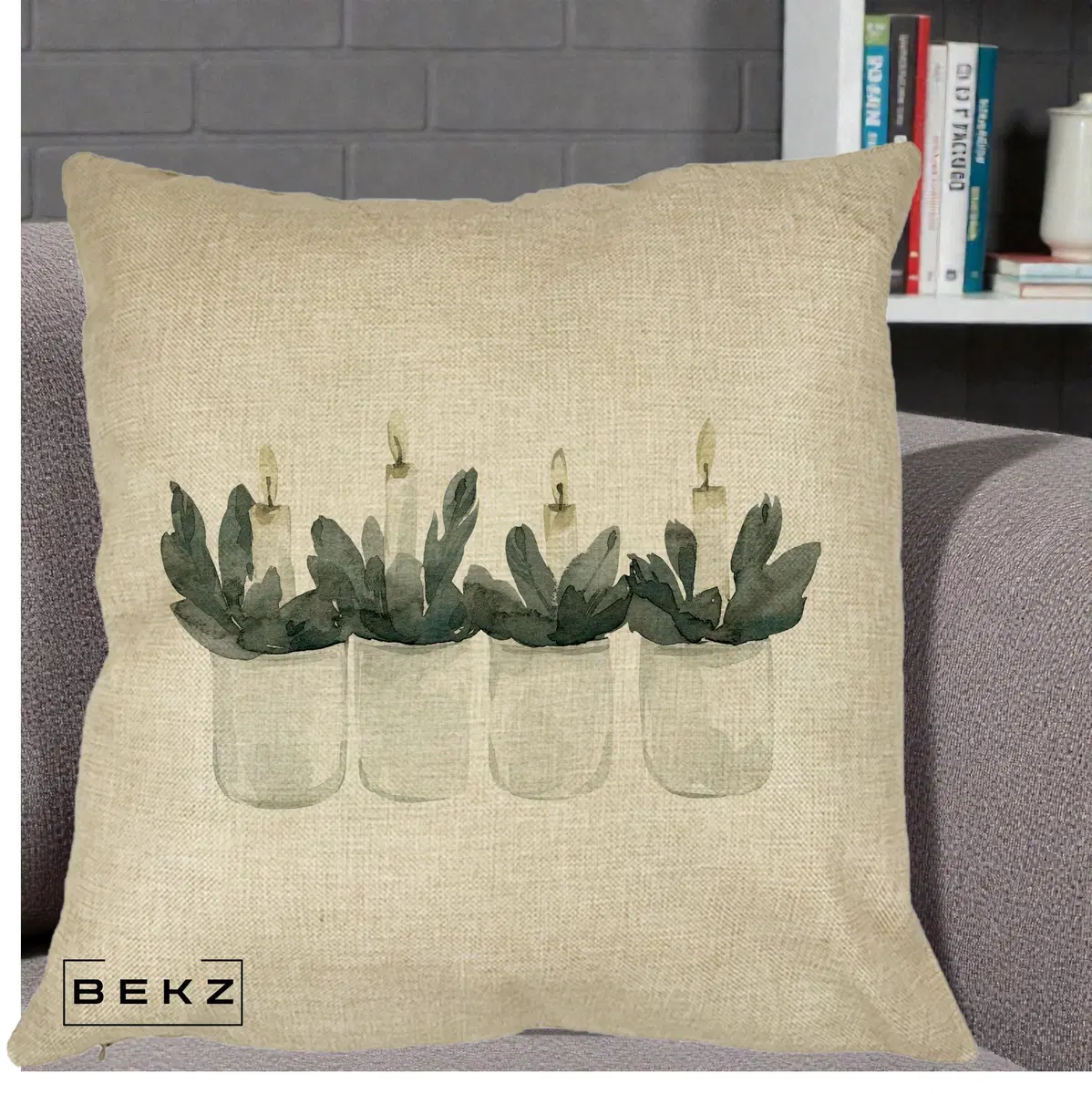 Perna Decorativa Lumanari in Borcane cu Eucalipt, 40x40 cm, Crem, Husa Detasabila, Perna, BEKZ®