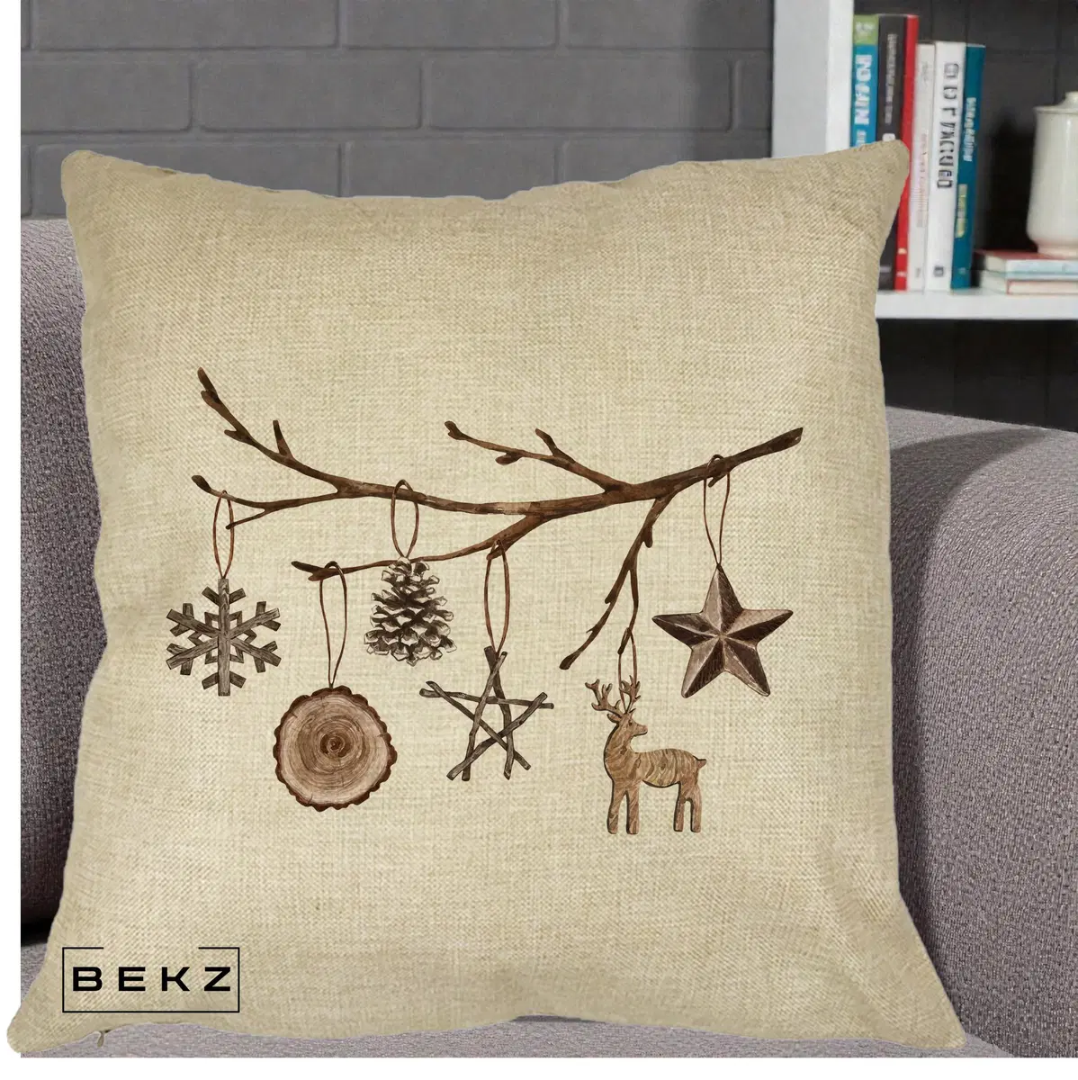 Perna Decorativa Ornamente de Lemn pe Ramura, 40x40 cm, Crem, Husa Detasabila, Perna, BEKZ®
