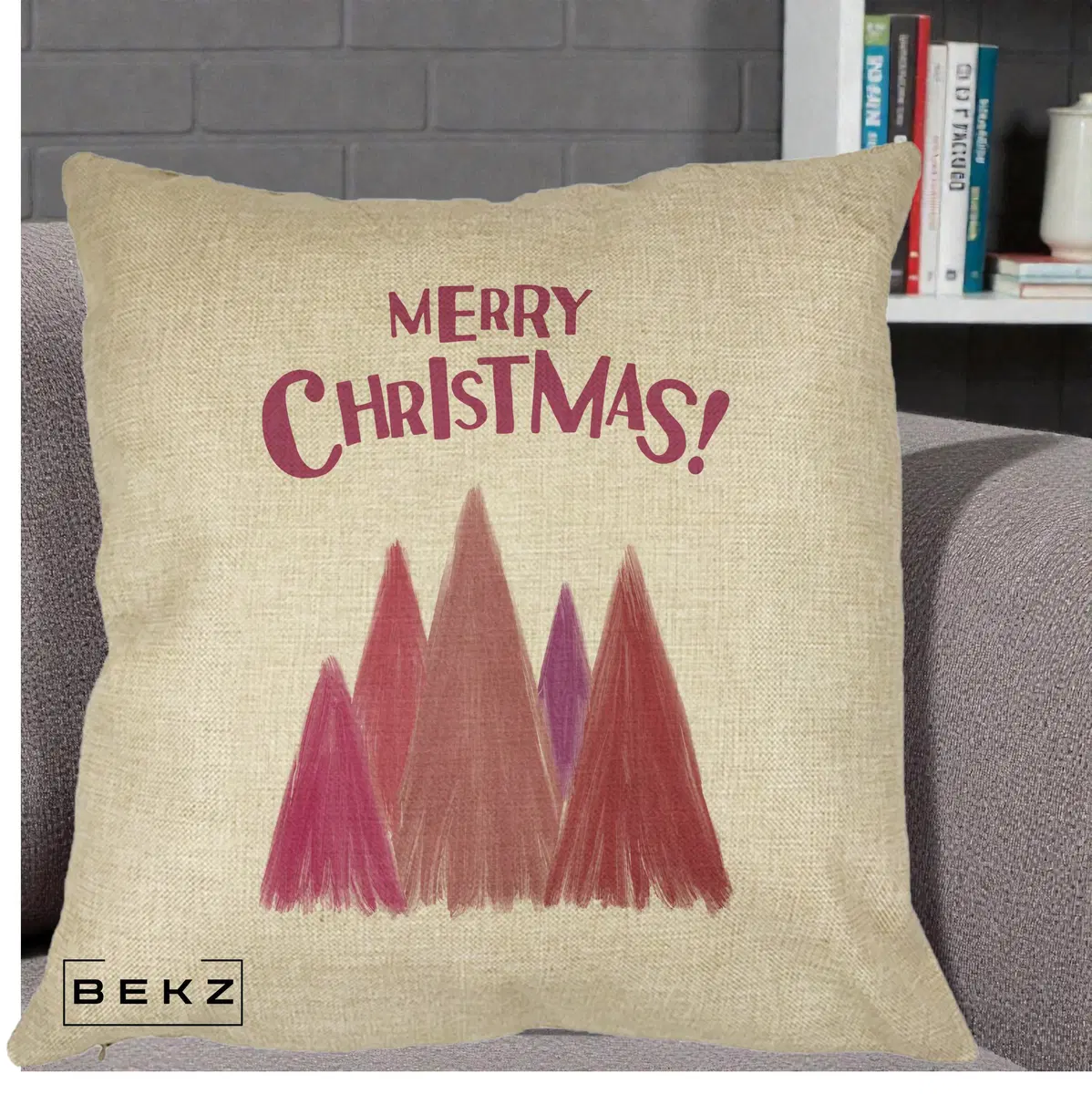Perna Decorativa Merry Christmas Brazi Roz, 40x40 cm, Crem, Husa Detasabila, Perna, BEKZ®