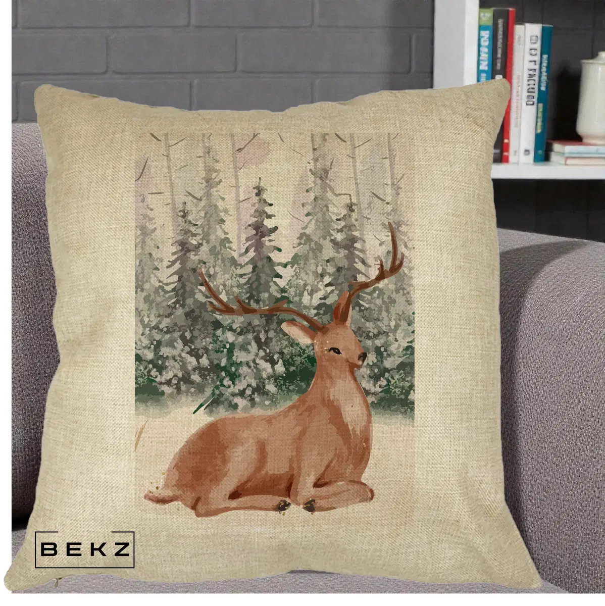 Perna Decorativa Ren in Padure Roz Moale, 40x40 cm, Crem, Husa Detasabila, Perna, BEKZ®