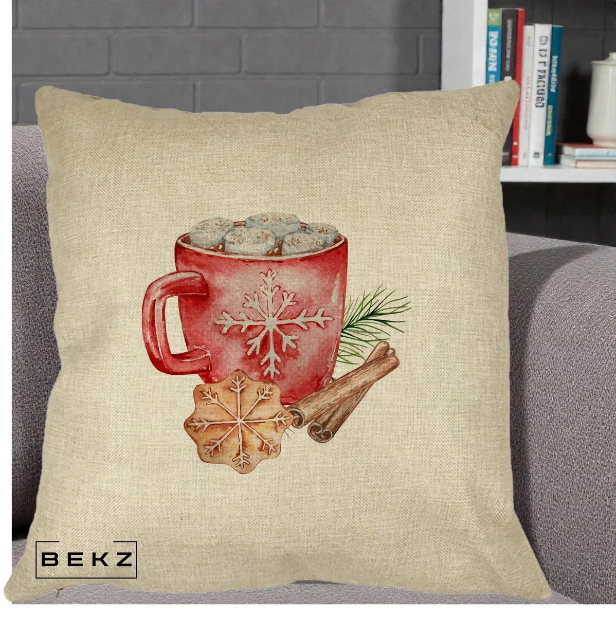 Perna Decorativa Cacao de Iarna cu Biscuit, 40x40 cm, Crem, Husa Detasabila, Perna, BEKZ®
