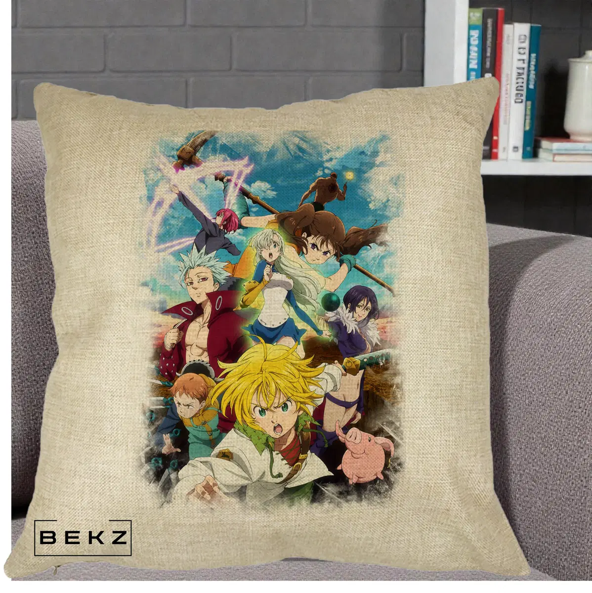 Perna Decorativa Nanatsu no Taizai Cele Sapte Pacate Mortale Anime, 40x40 cm, Crem, Husa Detasabila, Perna, BEKZ®