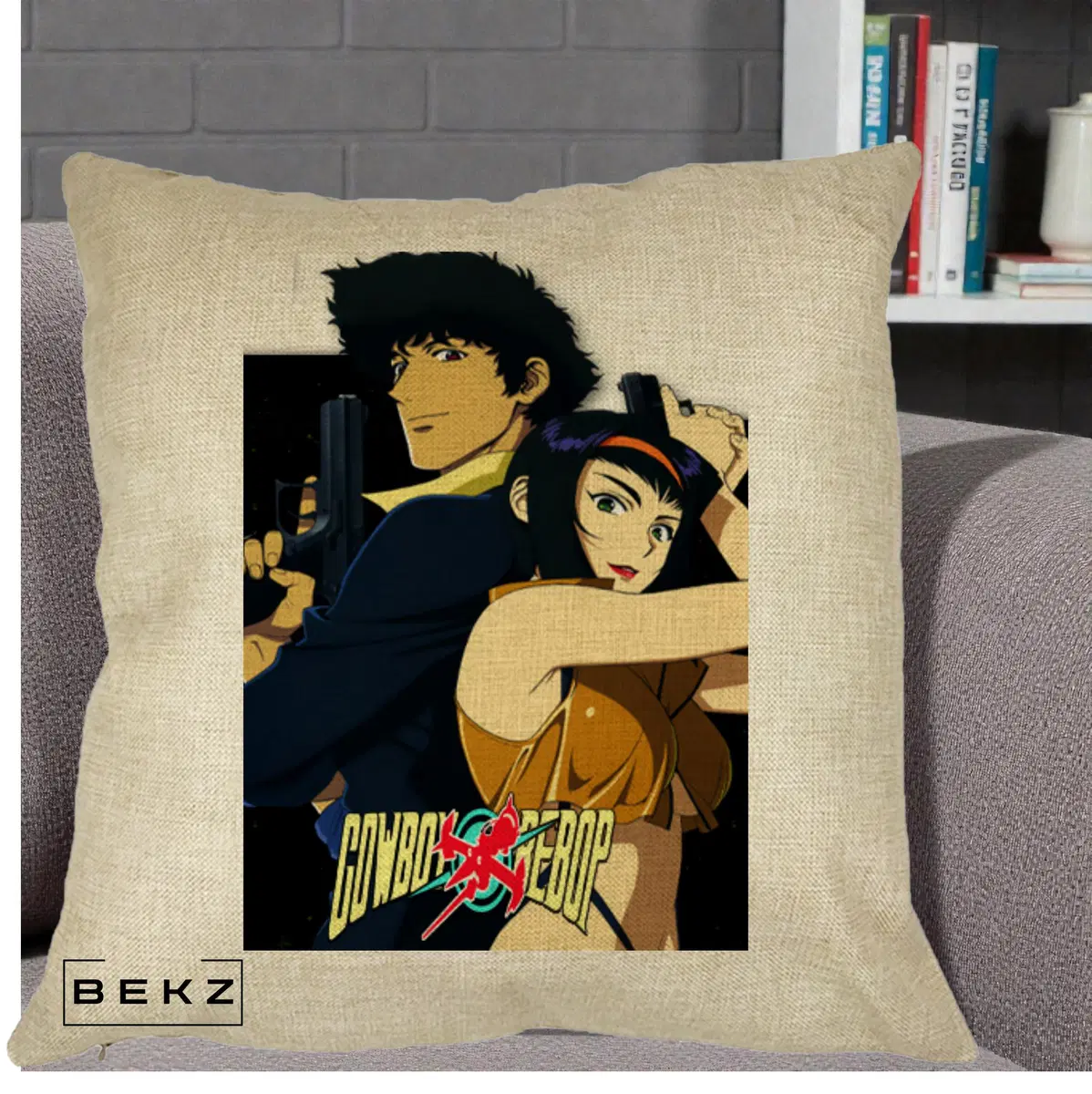 Perna Decorativa Cowboy Bebop Spike si Faye Poster, 40x40 cm, Crem, Husa Detasabila, Perna, BEKZ®