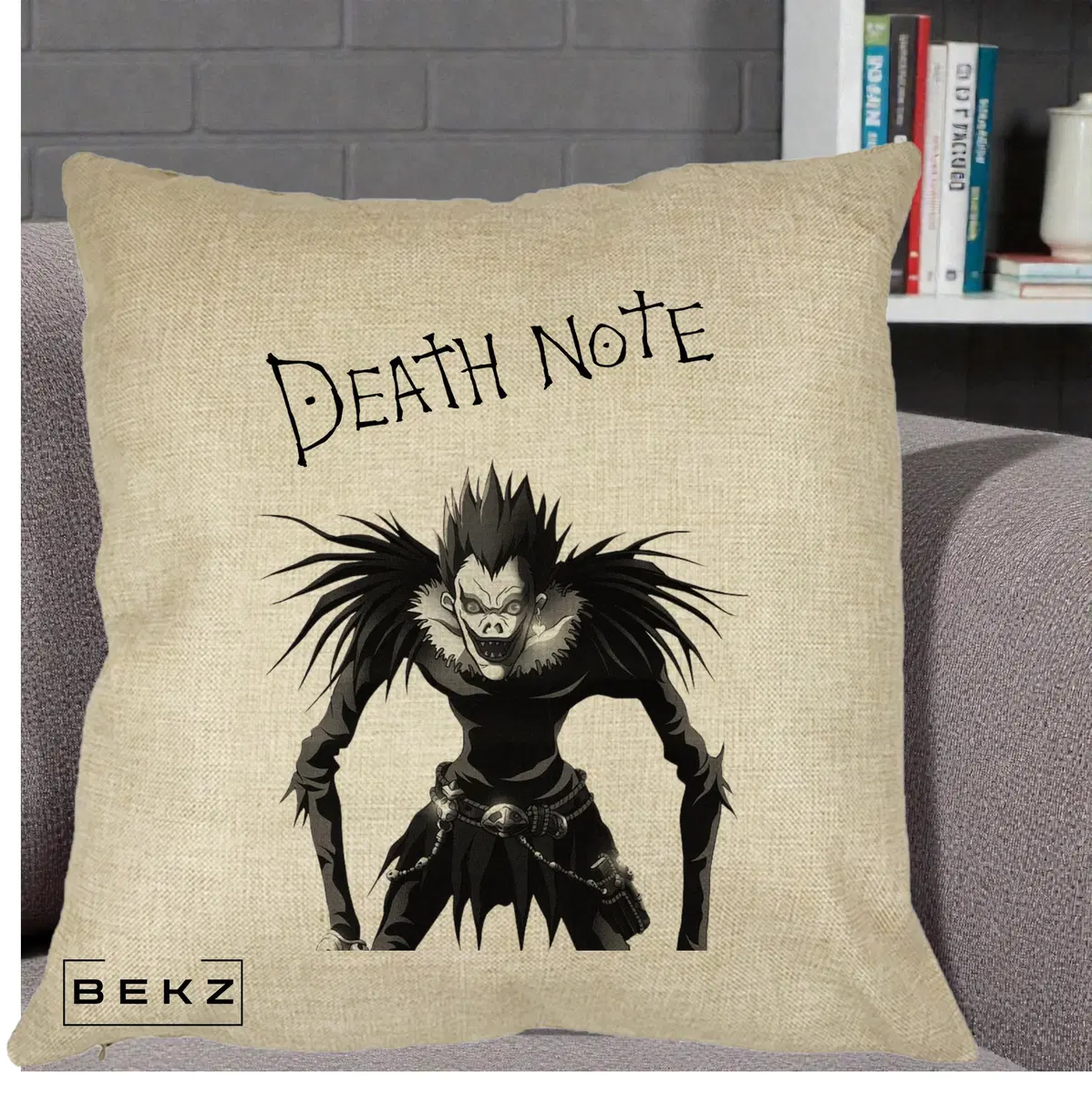 Perna Decorativa Death Note Ryuk Shinigami Alb-Negru, 40x40 cm, Crem, Husa Detasabila, Perna, BEKZ®
