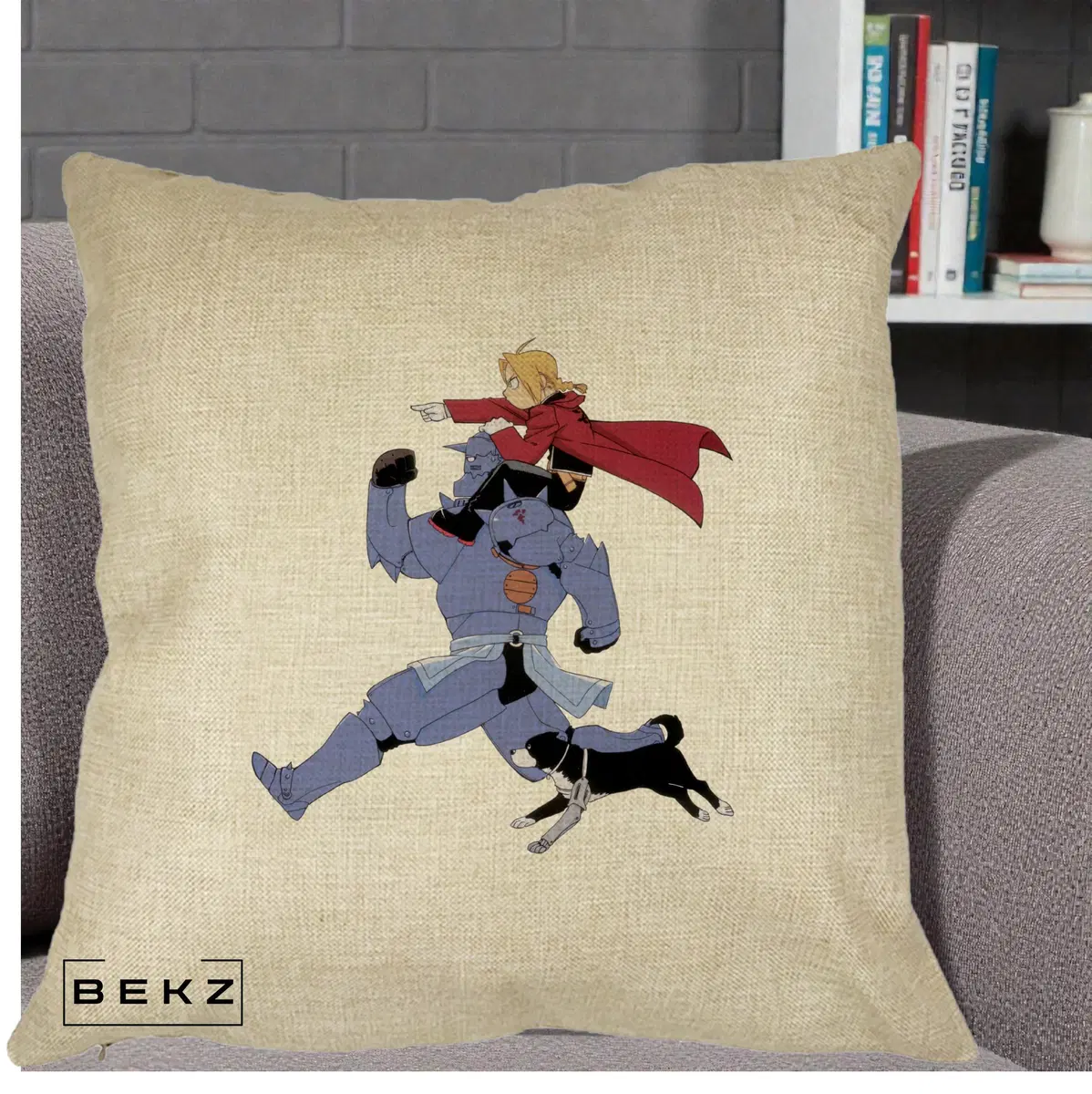 Perna Decorativa Fullmetal Alchemist Edward si Alphonse, 40x40 cm, Crem, Husa Detasabila, Perna, BEKZ®