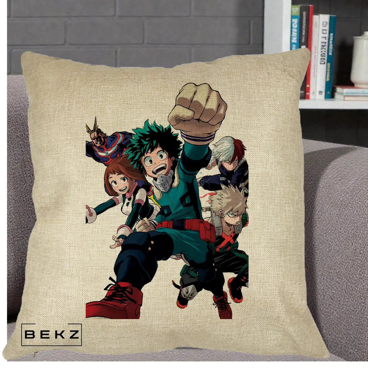 Perna Decorativa My Hero Academia Izuku Deku si Echipa, 40x40 cm, Crem, Husa Detasabila, Perna, BEKZ®