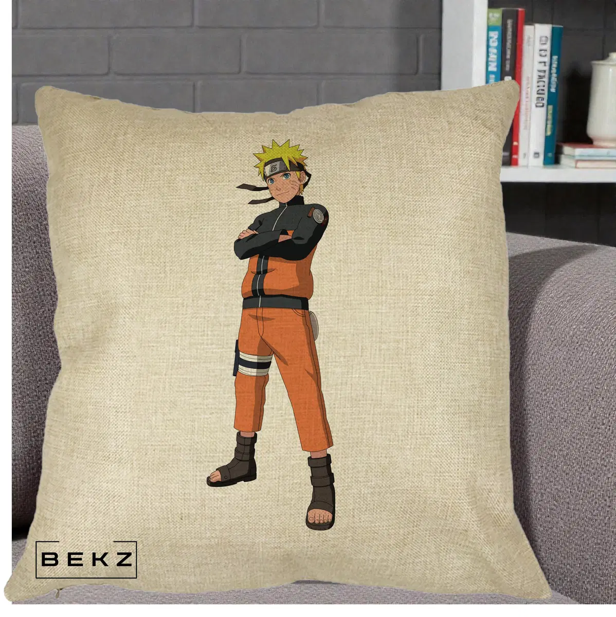 Perna Decorativa Naruto Uzumaki Portret Complet, 40x40 cm, Crem, Husa Detasabila, Perna, BEKZ®