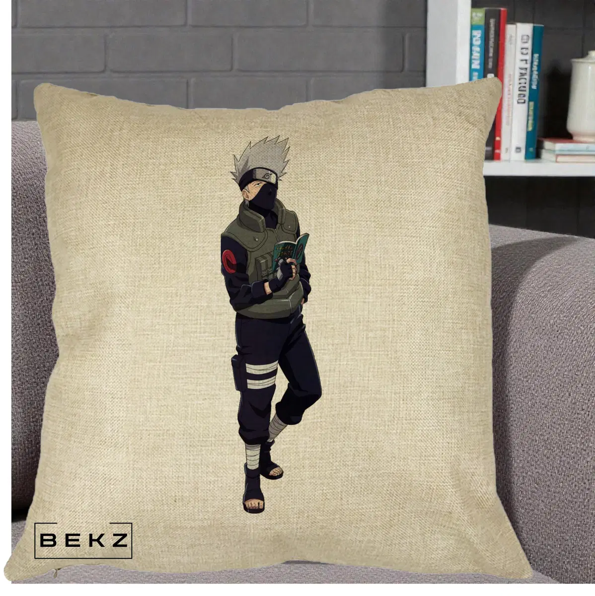 Perna Decorativa Naruto Kakashi Hatake Portret Complet, 40x40 cm, Crem, Husa Detasabila, Perna, BEKZ®