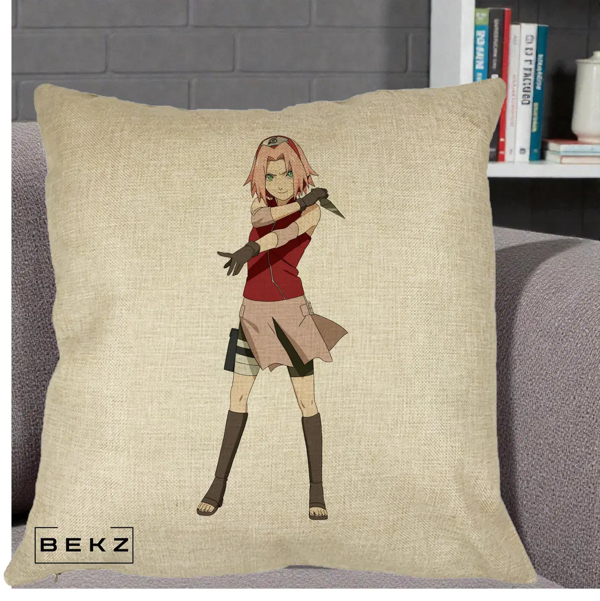 Perna Decorativa Naruto Sakura Haruno Portret, 40x40 cm, Crem, Husa Detasabila, Perna, BEKZ®