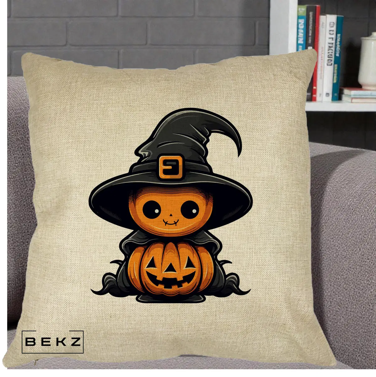 Perna Decorativa Halloween Dovleac Vrajitor Kawaii, 40x40 cm, Crem, Husa Detasabila, Perna, BEKZ®