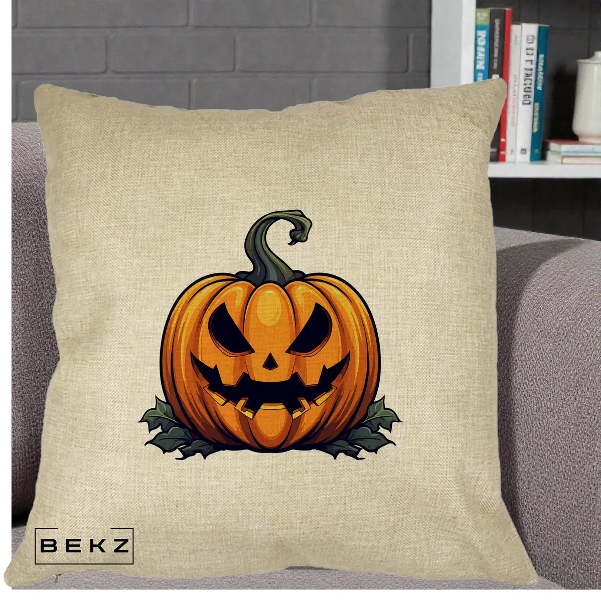 Perna Decorativa Halloween Jack-o'-Lantern Infricosator, 40x40 cm, Crem, Husa Detasabila, Perna, BEKZ®