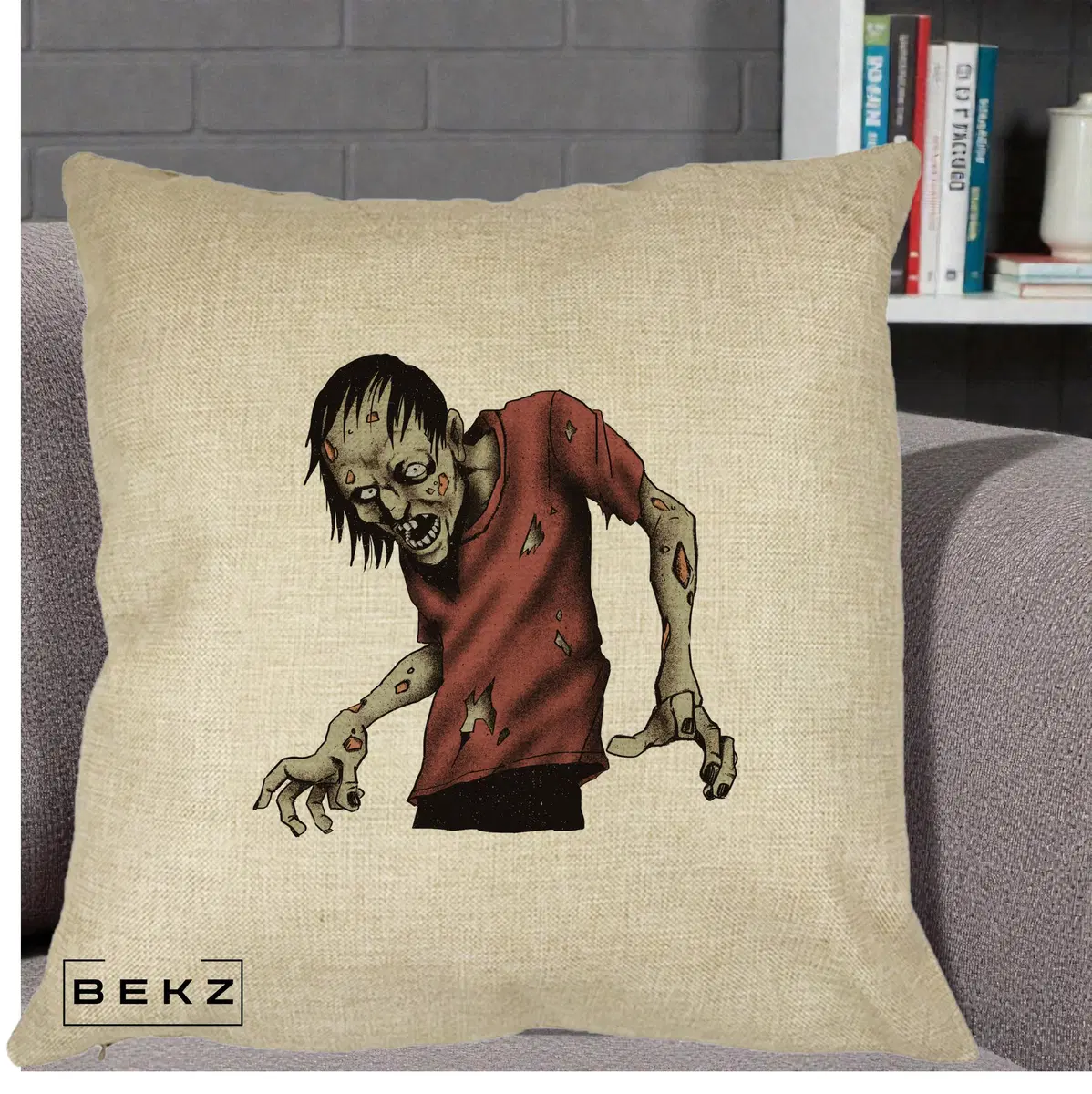 Perna Decorativa Halloween Zombie Infricosator, 40x40 cm, Crem, Husa Detasabila, Perna, BEKZ®