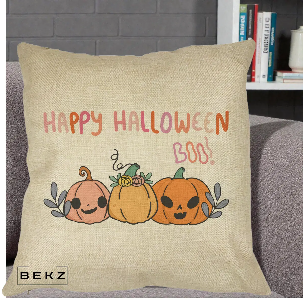 Perna Decorativa Happy Halloween Boo Trei Dovlecei Kawaii, 40x40 cm, Crem, Husa Detasabila, Perna, BEKZ®