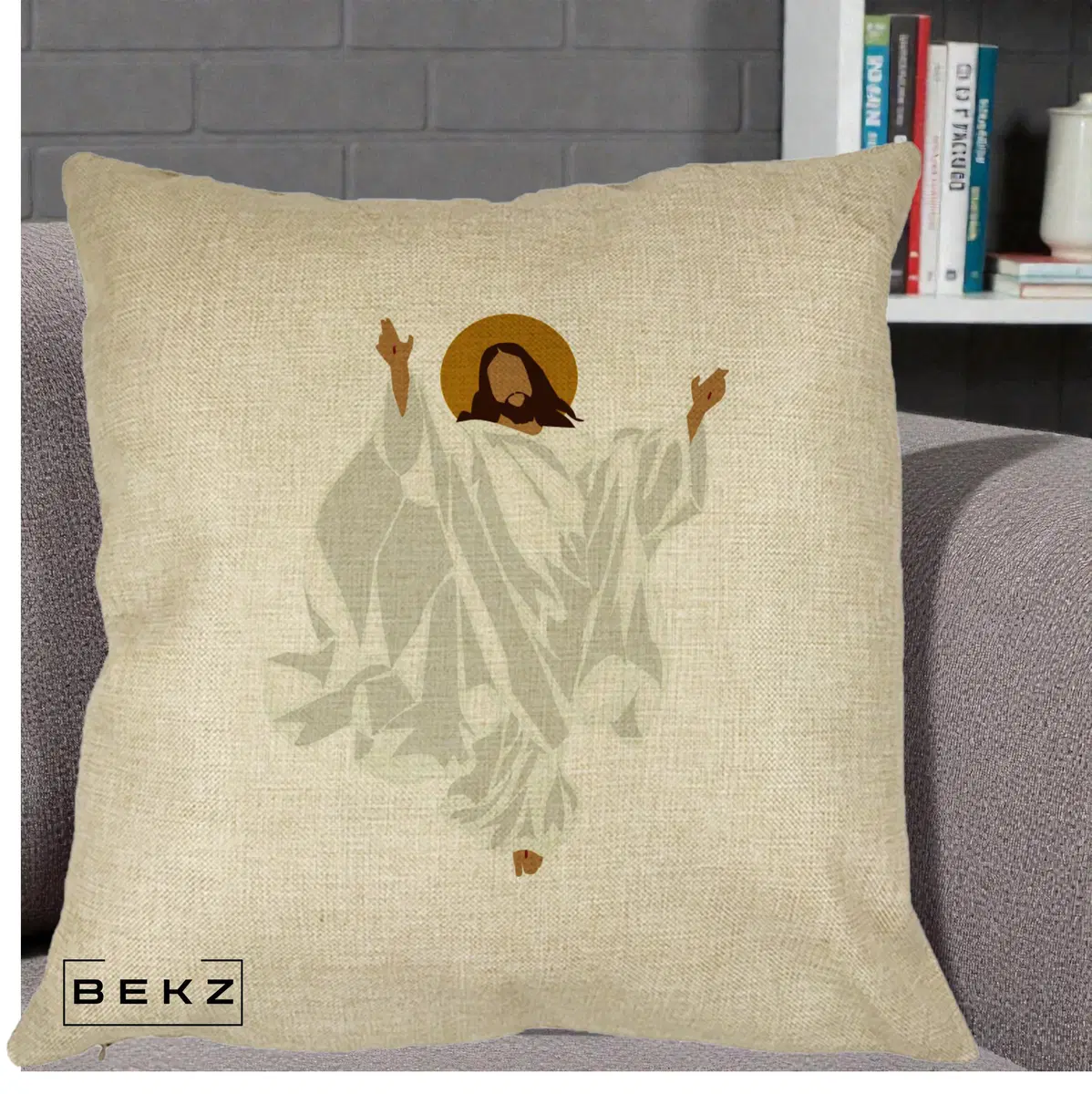 Perna Decorativa Iisus Hristos Invierea Silueta Minimalista, 40x40 cm, Crem, Husa Detasabila, Perna, BEKZ®