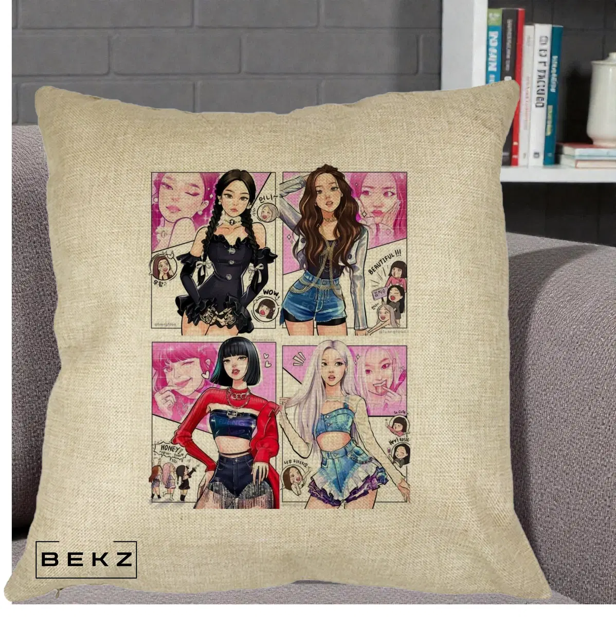Perna Decorativa BLACKPINK Autografe Toti cu Logo Negru Alb, 40x40 cm, Crem, Husa Detasabila, Perna, BEKZ®