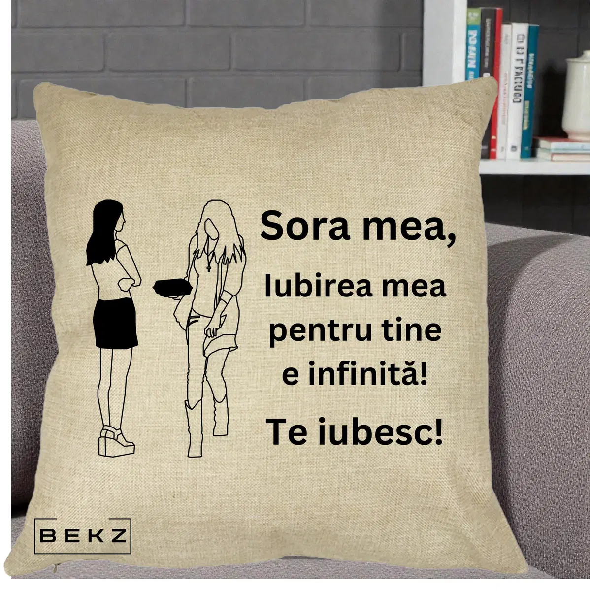 Perna Decorativa Sora Mea Te Iubesc Imbratisare Spate Line Art, 40x40 cm, Crem, Husa Detasabila, Perna, BEKZ®
