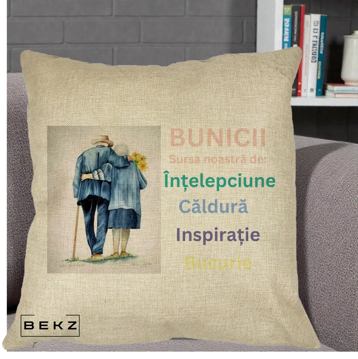Perna Decorativa Bunicii Sursa Intelepciune Caldura Acuarela, 40x40 cm, Crem, Husa Detasabila, Perna, BEKZ®