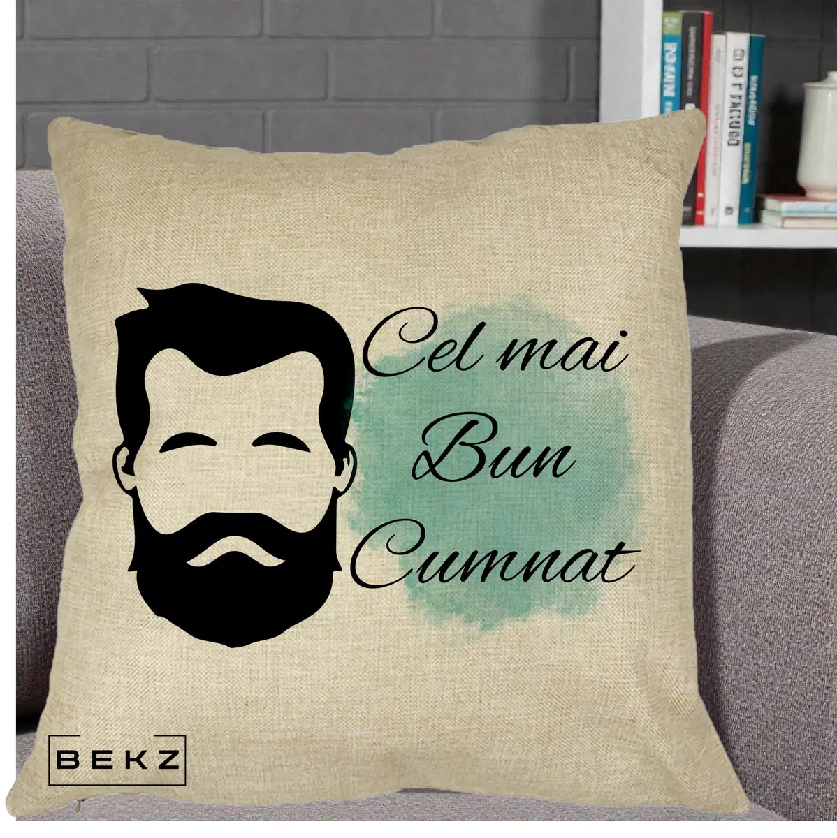 Perna Decorativa Cel mai Bun Cumnat cu Portret Barbat si Pete Teal, 40x40 cm, Crem, Husa Detasabila, Perna, BEKZ®