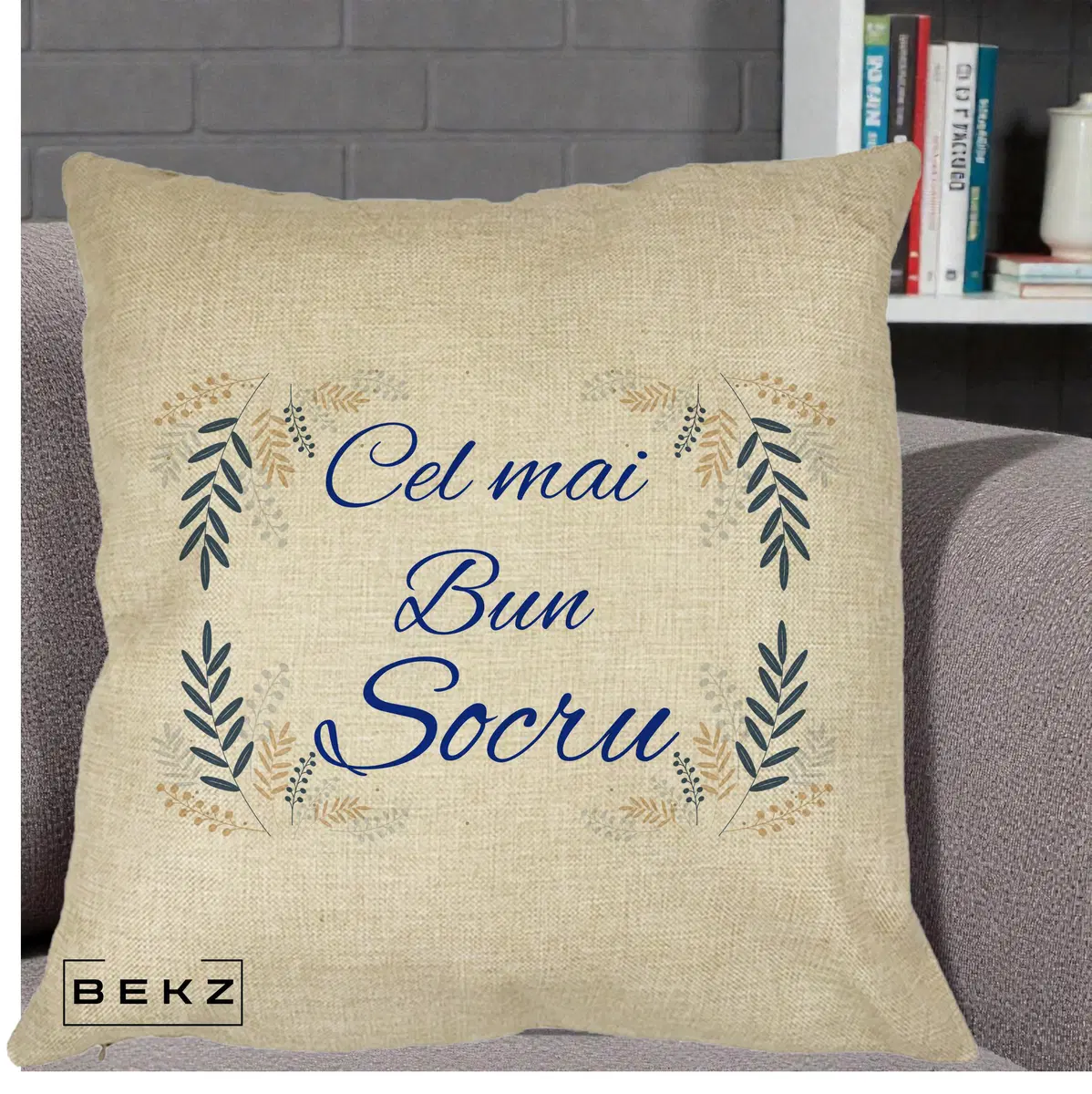 Perna Decorativa Cel mai Bun Socru cu Ramuri Frunze Albastre si Aurii, 40x40 cm, Crem, Husa Detasabila, Perna, BEKZ®