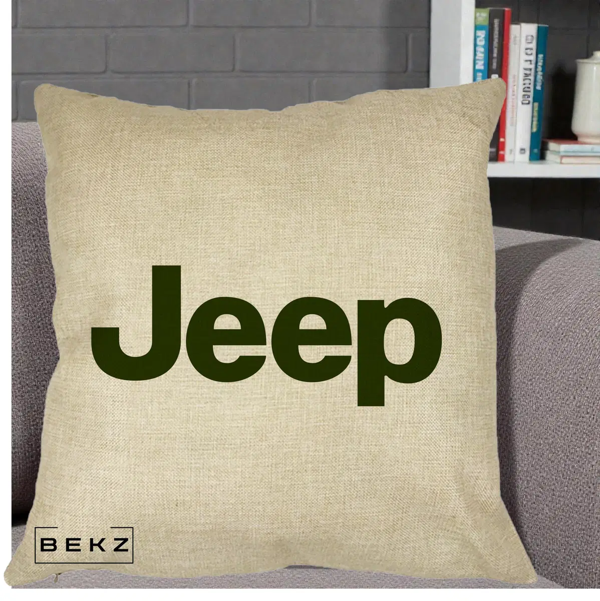Perna Decorativa Logo Jeep Verde pe Fond crem, 40x40 cm, Crem, Husa Detasabila, Perna, BEKZ®