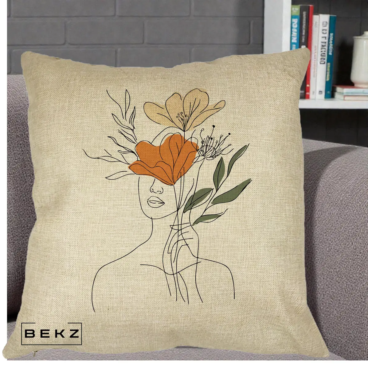 Perna Decorativa Portret Feminin Coroana Florala, 40x40 cm, Crem, Husa Detasabila, Perna, BEKZ®