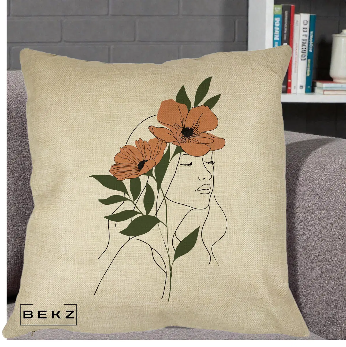 Perna Decorativa Portret Feminin Doua Maci Terracotta, 40x40 cm, Crem, Husa Detasabila, Perna, BEKZ®