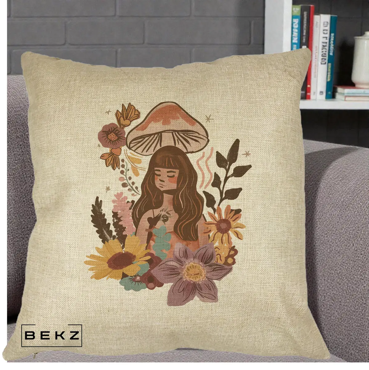 Perna Decorativa Fata Ciuperca Boho Florala, 40x40 cm, Crem, Husa Detasabila, Perna, BEKZ®