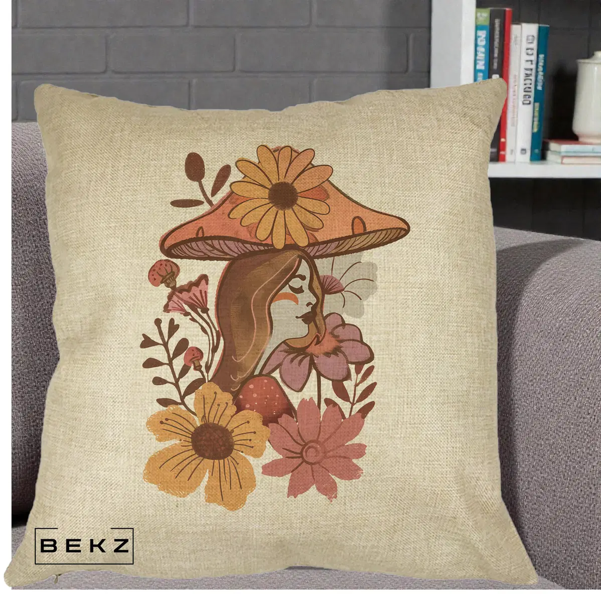 Perna Decorativa Fata Ciuperca Florala Boho, 40x40 cm, Crem, Husa Detasabila, Perna, BEKZ®