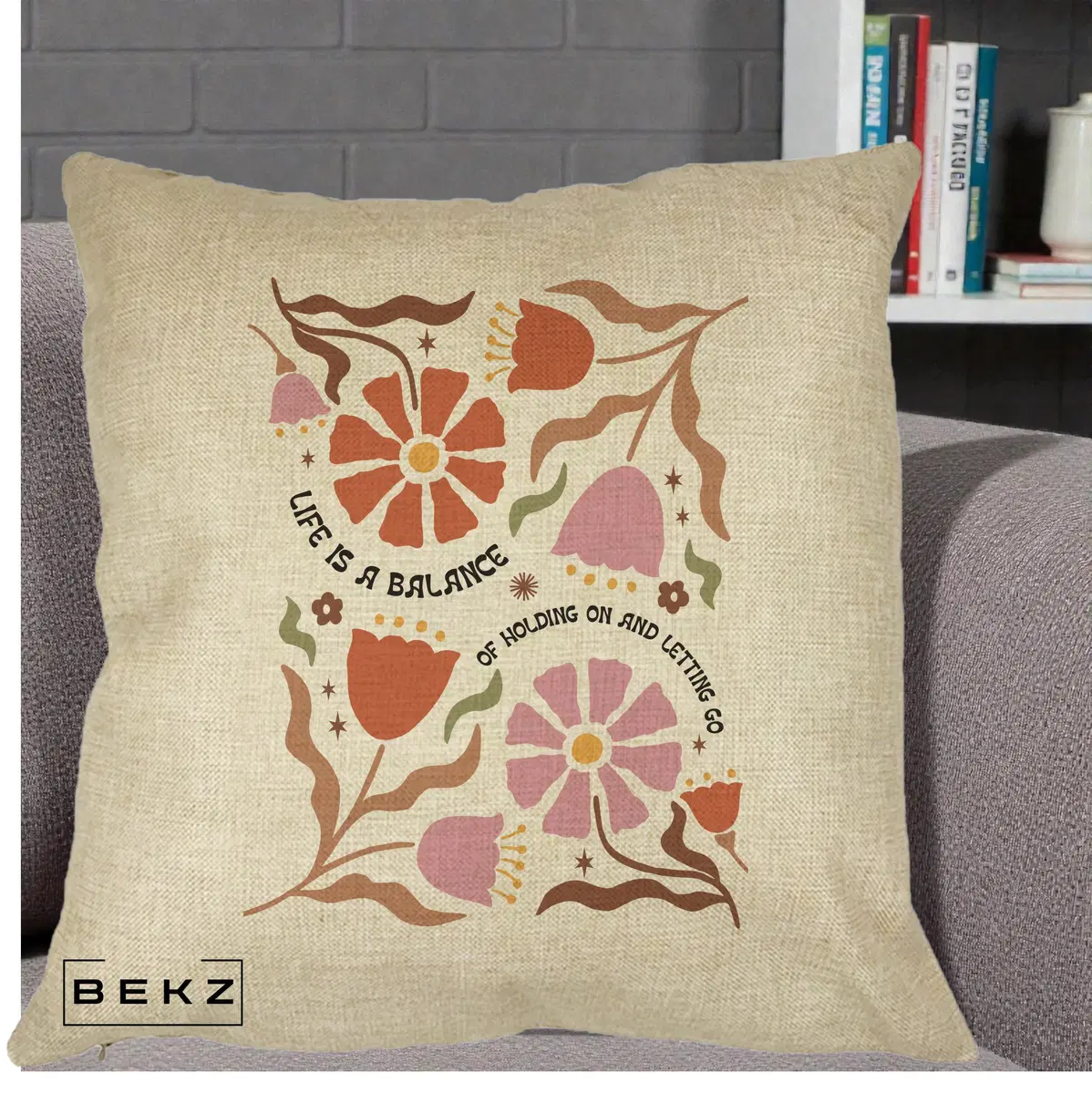 Perna Decorativa Life is a Balance Floral, 40x40 cm, Crem, Husa Detasabila, Perna, BEKZ®