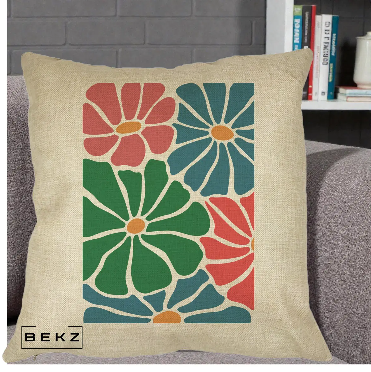 Perna Decorativa Flori Grafice Verde-Roz-Albastru, 40x40 cm, Crem, Husa Detasabila, Perna, BEKZ®