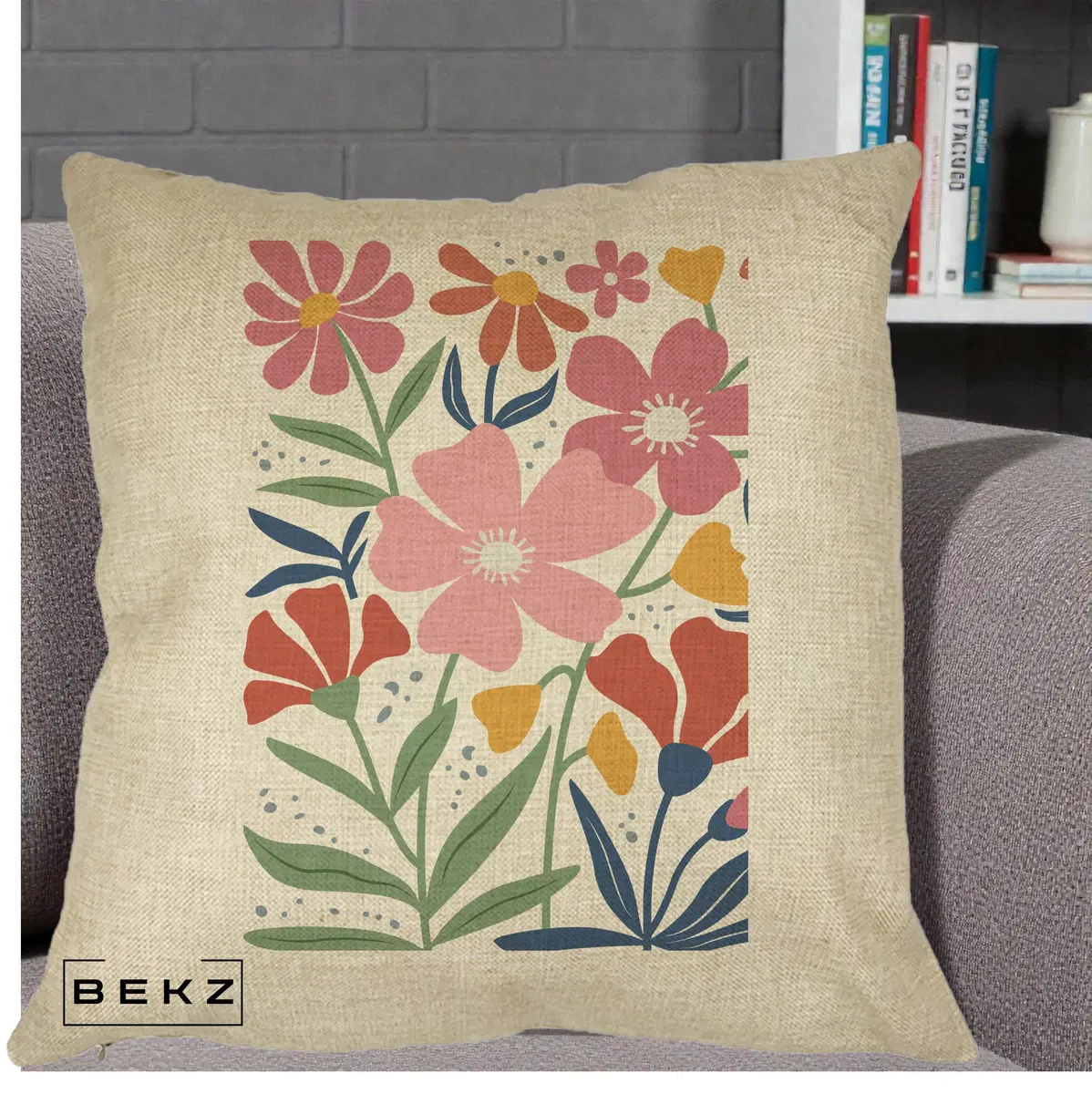 Perna Decorativa Flori in Vaza Turcoaz, 40x40 cm, Crem, Husa Detasabila, Perna, BEKZ®