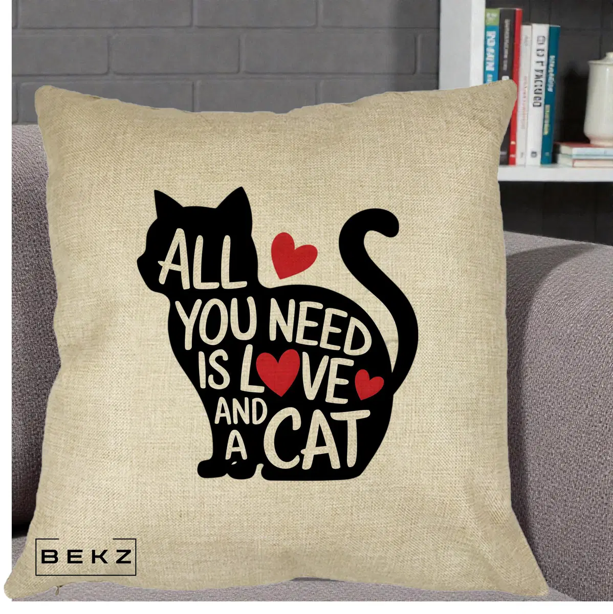 Perna Decorativa All You Need is Love and a Cat, 40x40 cm, Crem, Husa Detasabila, Perna, BEKZ®