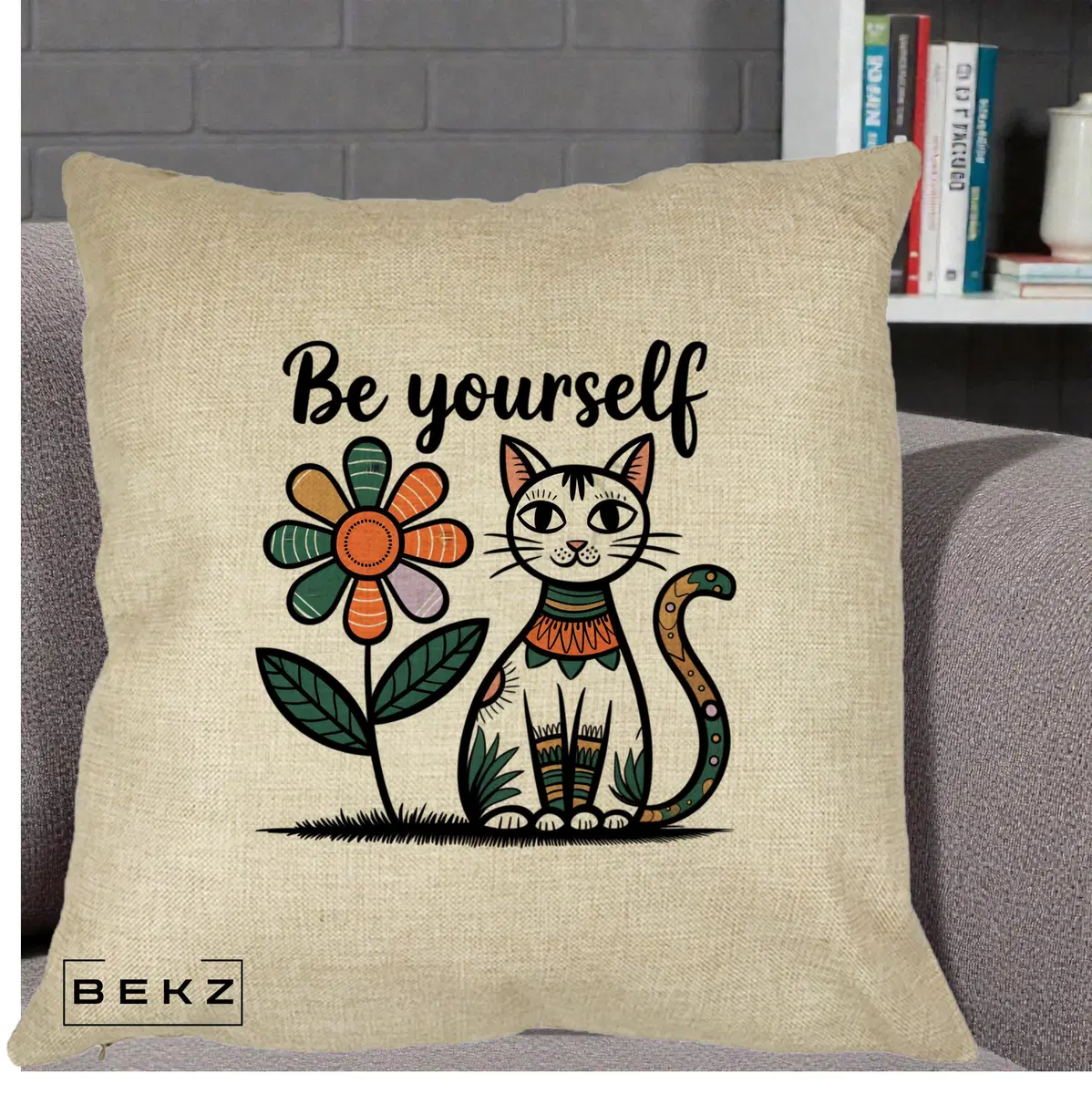 Perna Decorativa Be Yourself Pisica Folk, 40x40 cm, Crem, Husa Detasabila, Perna, BEKZ®