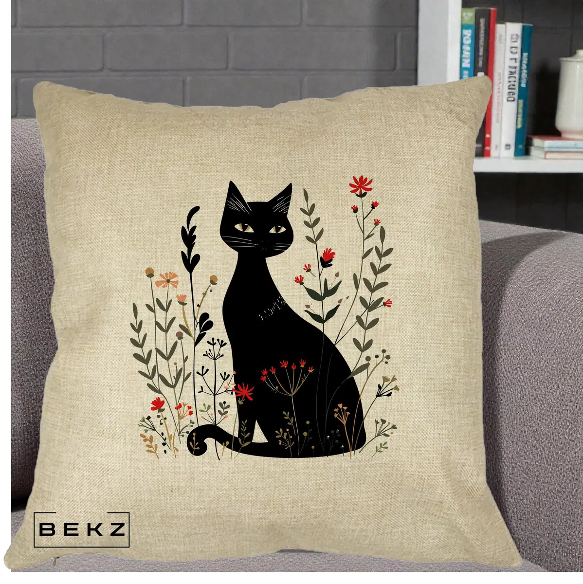 Perna Decorativa Pisica Neagra Botanica Rosu-Gri, 40x40 cm, Crem, Husa Detasabila, Perna, BEKZ®