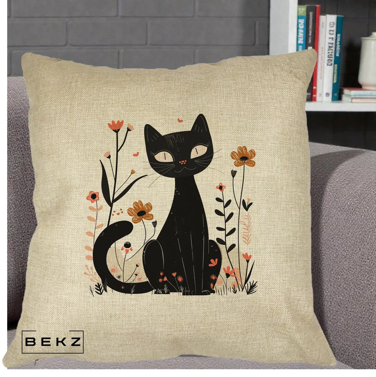 Perna Decorativa Pisica Neagra Flori Pastel Folk, 40x40 cm, Crem, Husa Detasabila, Perna, BEKZ®