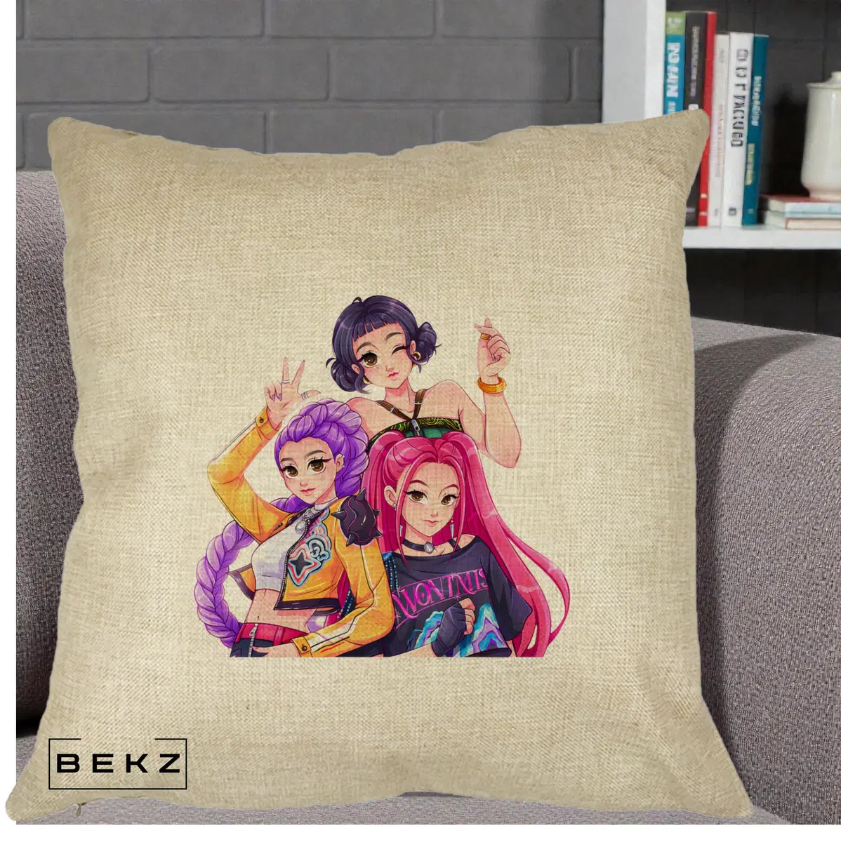Perna Decorativa HUNTRX Trio Animat Fete Foto, 40x40 cm, Crem, Husa Detasabila, Perna, BEKZ®