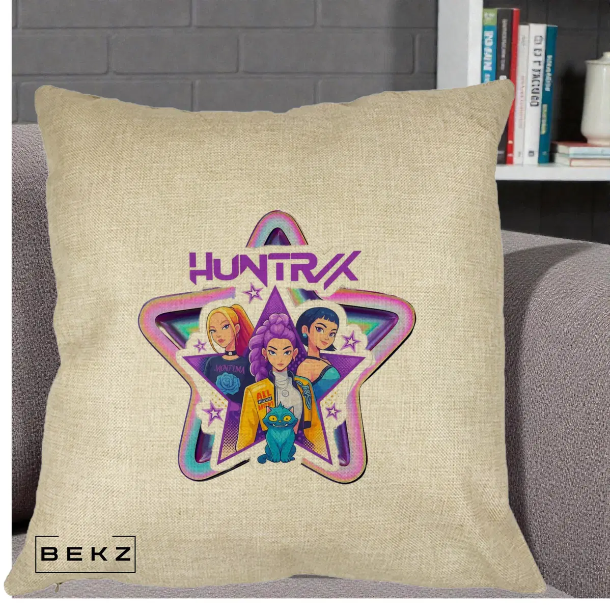 Perna Decorativa HUNTRX Trio Stea cu Pisica, 40x40 cm, Crem, Husa Detasabila, Perna, BEKZ®